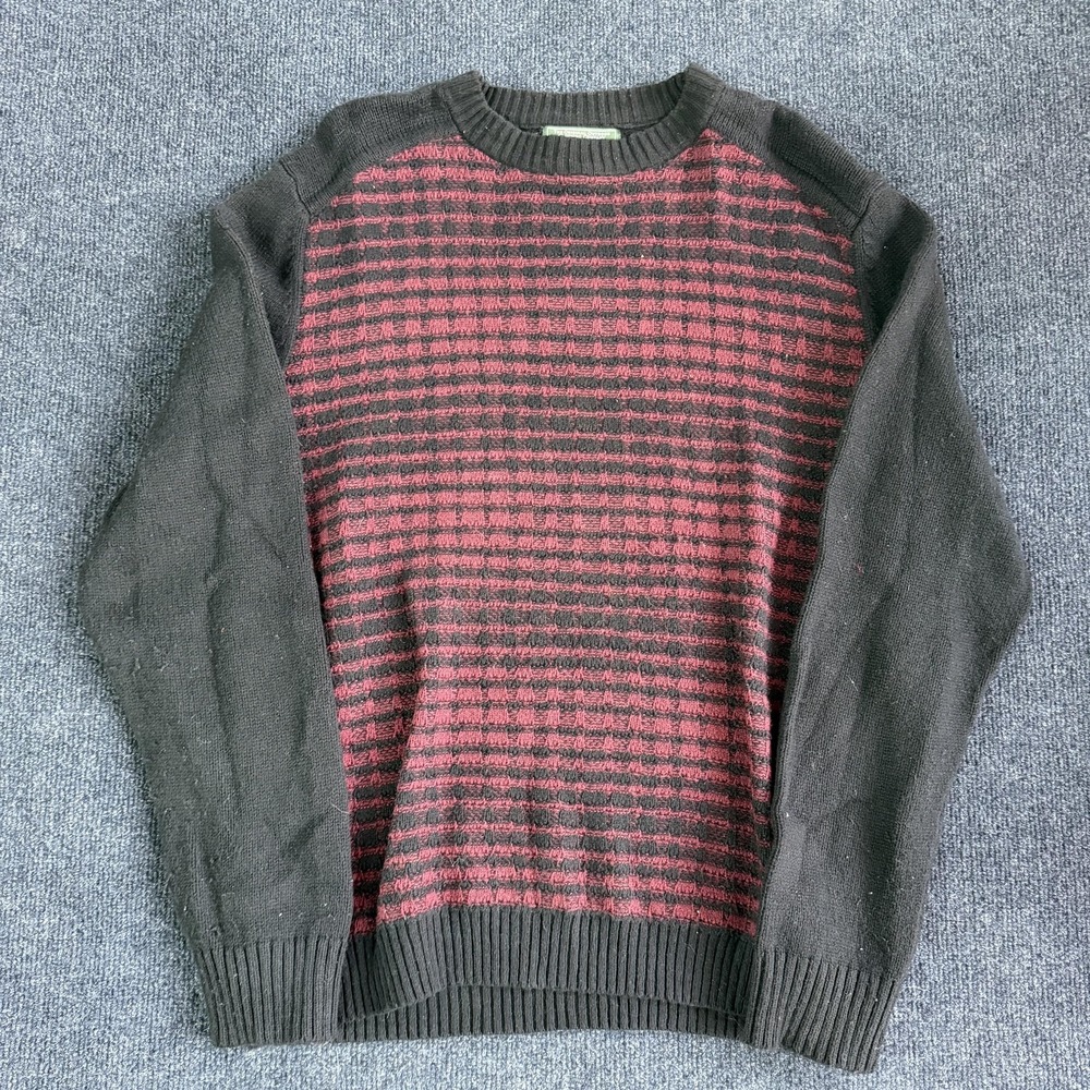 Woolrich Sweater Mens Medium Black Striped Waffle Knit Wool Crewneck Pullover